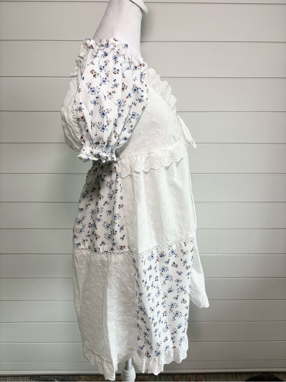 White Eyelet Floral Patchwork Puff Sleeve Babydoll Mini Dress Size S - Picture 5 of 10